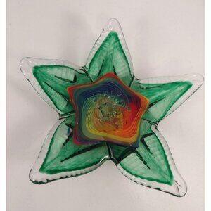 Handcrafted Art Glass Starfish Green w/ Rainbow Swirl Ocean Coastal Nature Decor